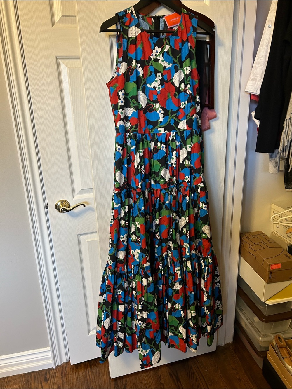 LA Doublej Floral Tiered Maxi Dress in Red, Blue & Green